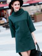 Romwe Green Lapel Length Sleeve High Low Pockets Dress