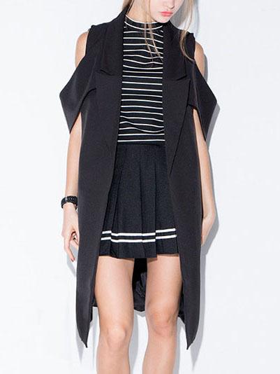 Romwe Lapel Slit Long Black Coat