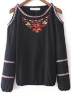 Romwe Open Shoulder Florals Embroidered Black Top
