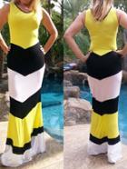 Romwe V Neck Color-block Maxi Dress