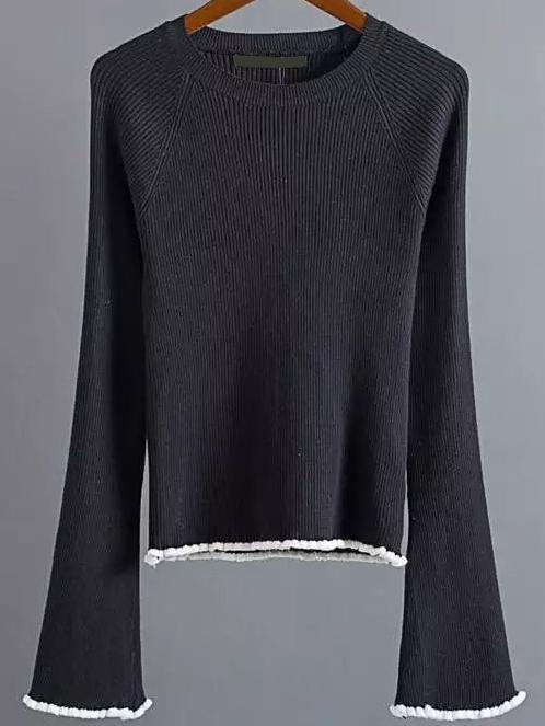 Romwe Black Contrast Trim Bell Sleeve Knitwear