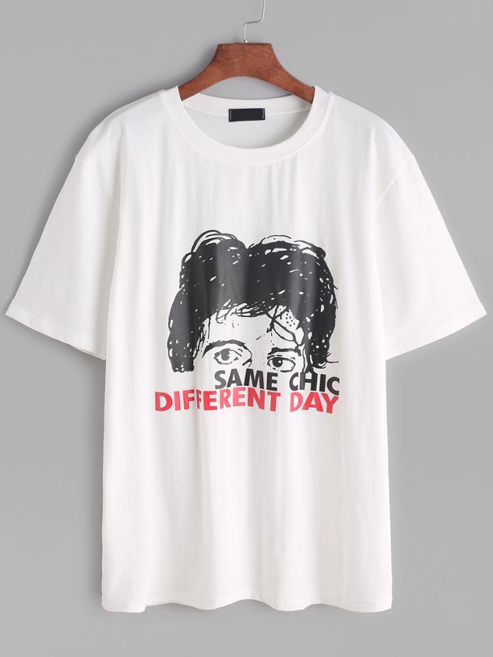 Romwe White Sketch Print T-shirt