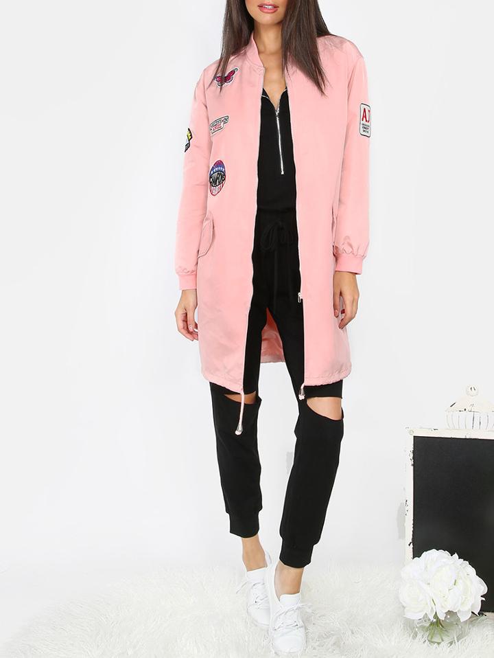 Romwe Pink Long Sleeve Pocket Jacket
