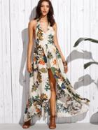 Romwe White Tropical Print Plunge Halter Neck Maxi Romper