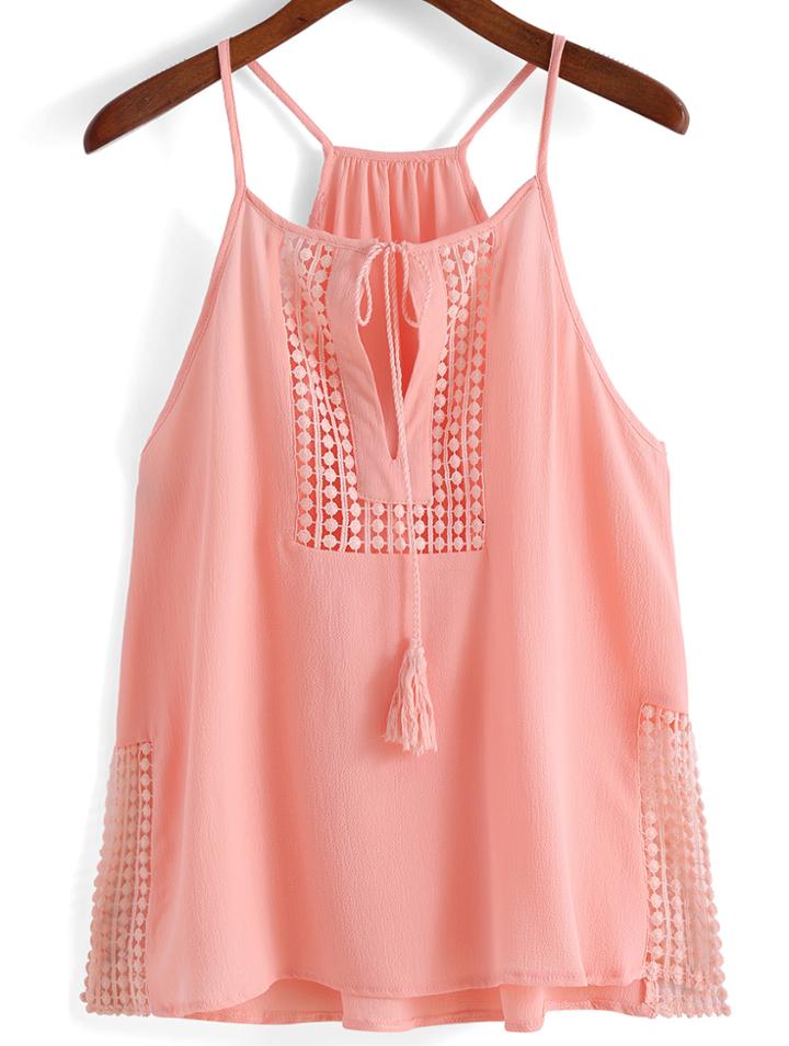 Romwe Spaghetti Strap Bandage Split Pink Cami Top