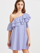 Romwe Blue Striped One Shoulder Layered Ruffle Dress