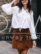 Romwe Beige Tie Neck Puff Sleeve Blouse
