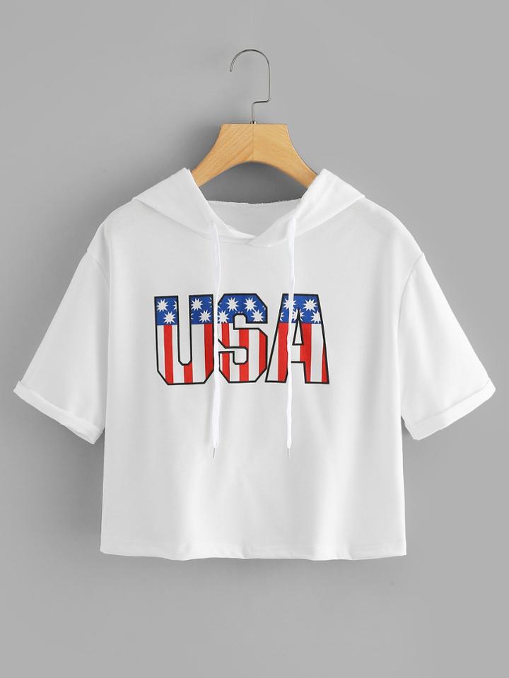Romwe Usa Print Drop Shoulder Hoodie T-shirt
