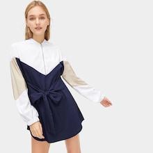 Romwe Quarter Zip Cut And Sew Knot Front Dress