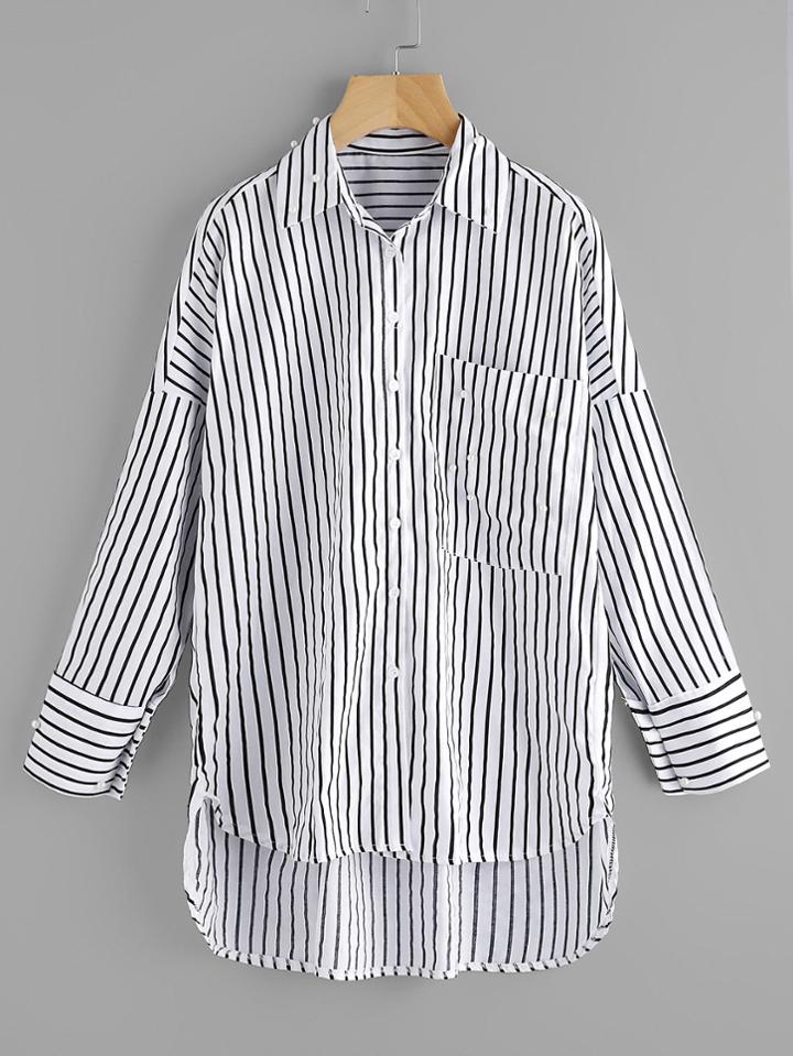 Romwe Striped Dip Hem Shirt With Faux Pearl Detail