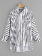 Romwe Striped Dip Hem Shirt With Faux Pearl Detail