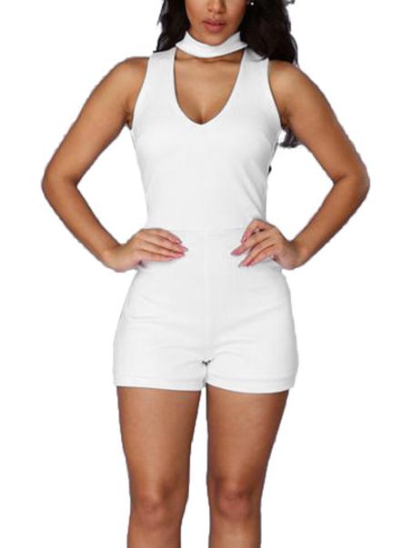 Romwe White Deep V Neck Zipper Romper