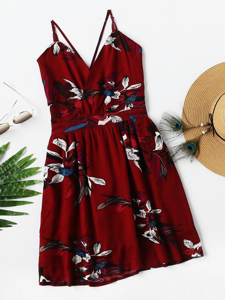 Romwe Tropical Print Criss Cross Back Dress