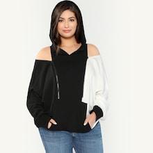 Romwe Plus Zip Detail Cold Shoulder Two Tone Hoodie