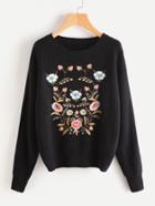 Romwe Flower Embroidered Drop Shoulder Jumper