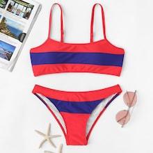 Romwe Two Tone Top With Seam Trim Bikini Set