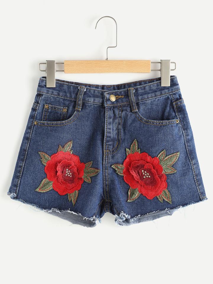 Romwe Rose Embroidered Patch Fray Hem Shorts