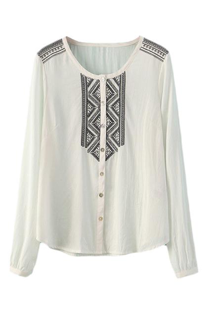 Romwe Asymmetric Retro Pattern White Shirt