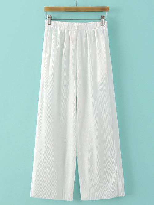 Romwe White Micro Pleated Pockets High Waist Cropped Pants
