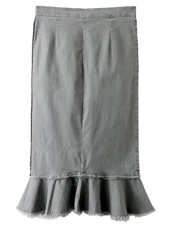 Romwe Grey Raw-edge Hem Zipper Fishtail Skirt
