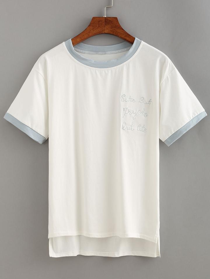 Romwe Contrast Trim Letter Embroidered High-low T-shirt