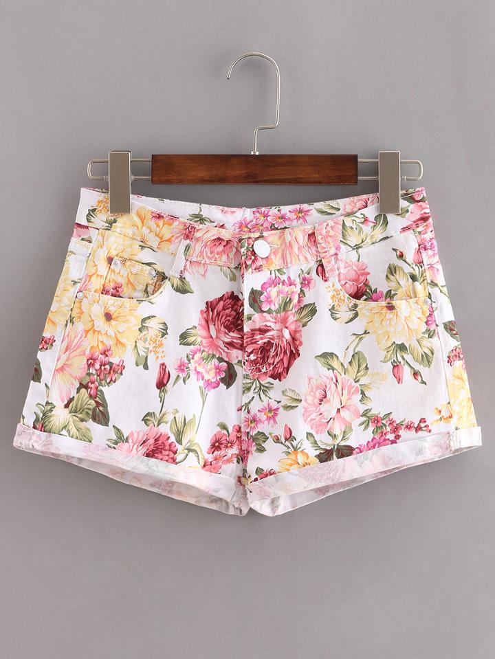 Romwe Multicolor Flower Print Rolled Hem Shorts