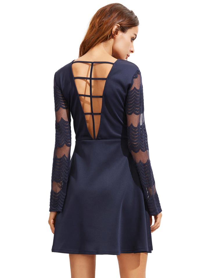 Romwe Navy Long Sleeve Backless Dress