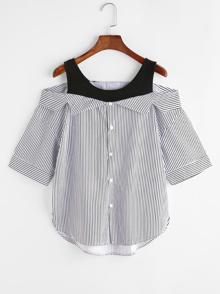 Romwe Pinstriped 2 In 1 Cold Shoulder Dip Hem Blouse