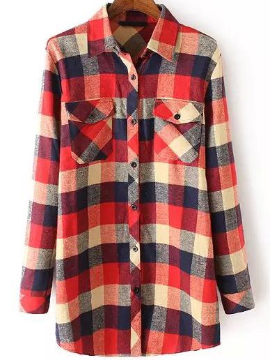 Romwe Random Plaid Patchwork With Pockets Red Blouse