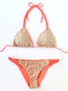 Romwe Orange Floral Print Halter Braided Strap Bikini Set