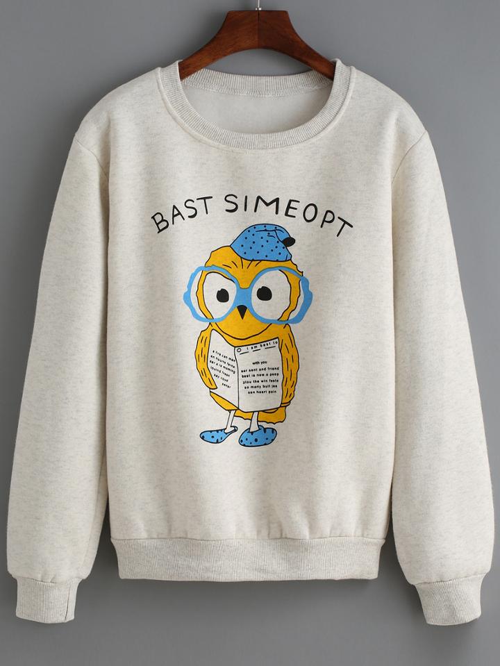Romwe Cartoon Owl Print Sweatshirt