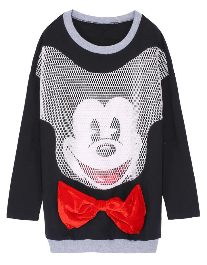 Romwe Mickey Print Bow Decoration Sweatshirt-black