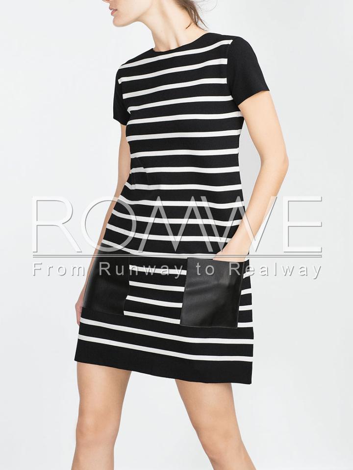 Romwe Black White Short Sleeve Striped Pockets Dress