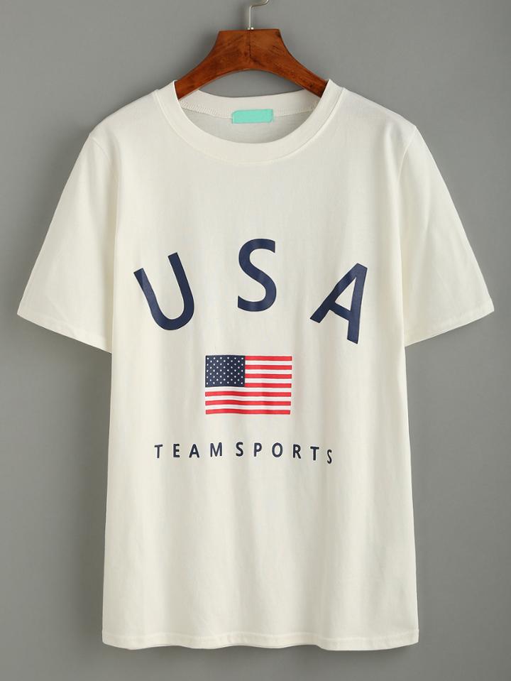 Romwe White American Flag Print T-shirt