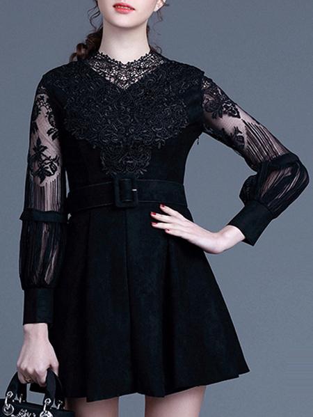 Romwe Black Round Neck Long Sleeve Drawstring Embroidered Dress