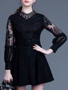 Romwe Black Round Neck Long Sleeve Drawstring Embroidered Dress