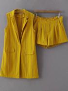 Romwe Yellow Lapel Blazer With Zipper Shorts