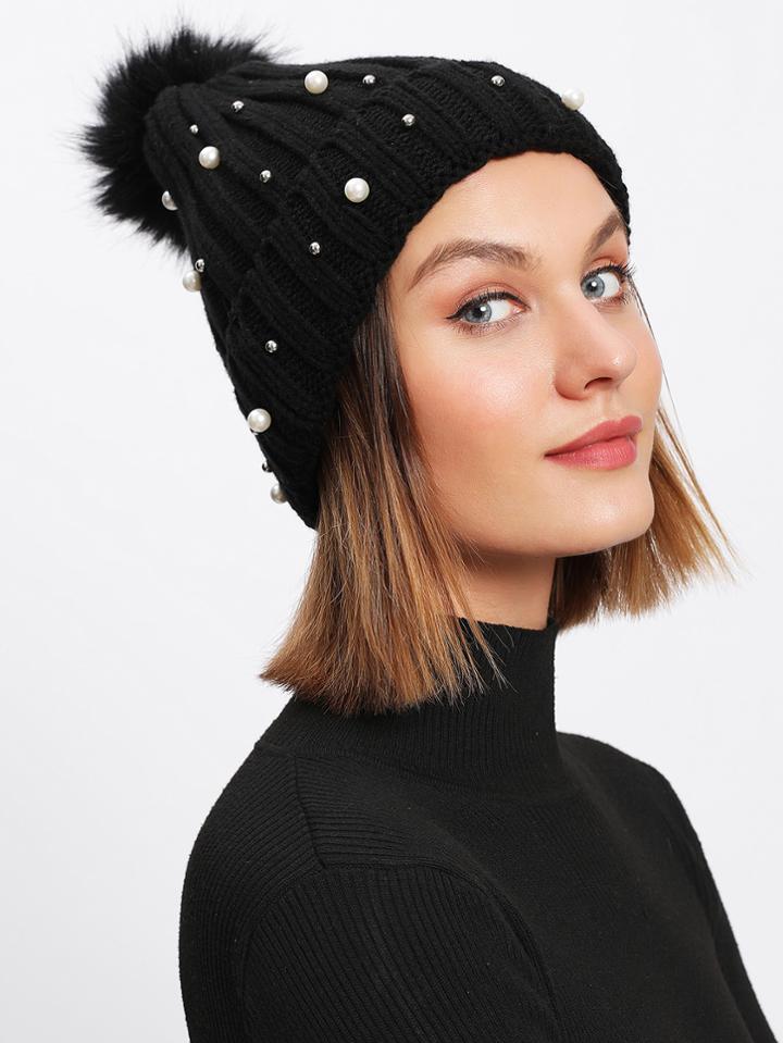 Romwe Pom Pom Faux Pearl Beanie Hat