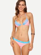 Romwe Lace Trimmed Triangle Bikini Set - Pink