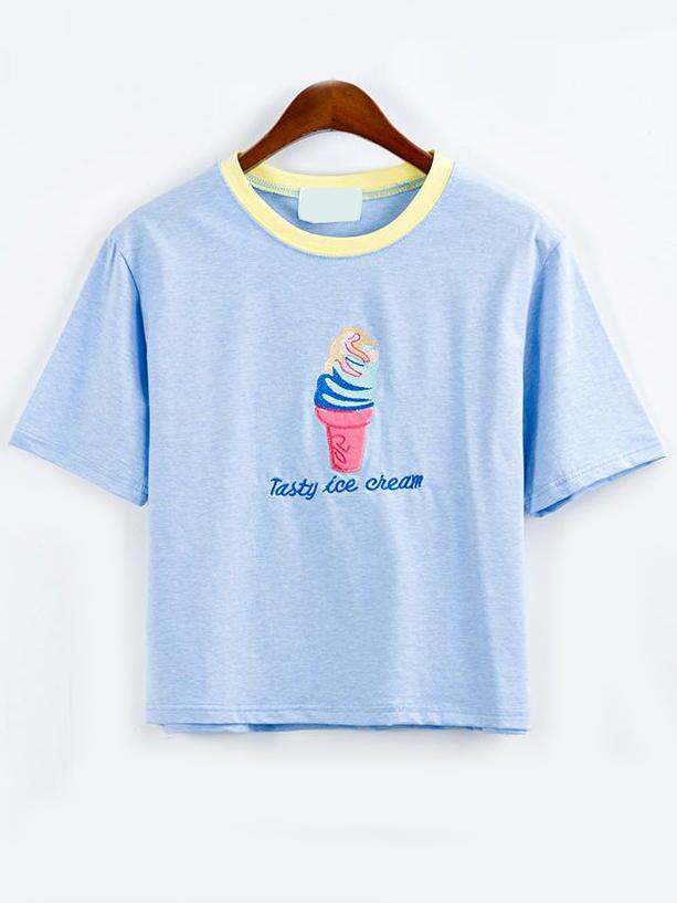 Romwe Blue Contrast Neck Ice Cream Embroidered T-shirt