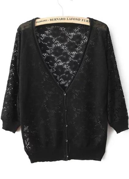 Romwe Back Lace Hollow Black Cardigan