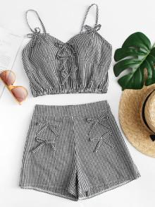 Romwe Tie Bow Gingham Crop Cami Top With Shorts Set