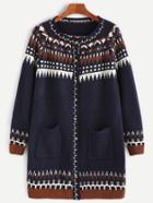 Romwe Navy Geometric Pattern Raglan Sleeve Pockets Sweater Coat