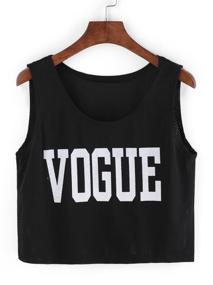 Romwe Letter Print Sport Mesh Crop Tank Top