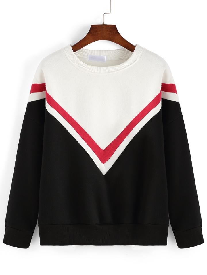 Romwe Color-block Round Neck Striped Loose Sweatshirt