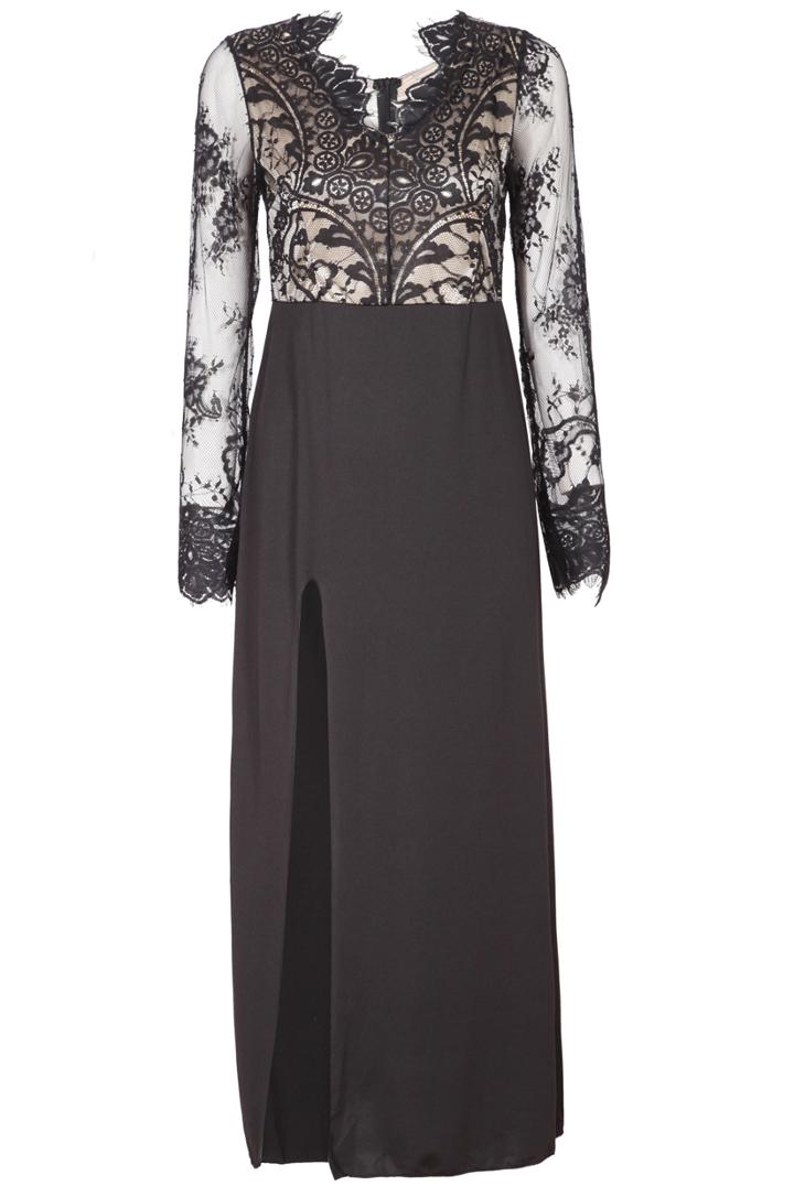Romwe V Neck Long Sleeve With Sheer Mesh Thigh Split Dress