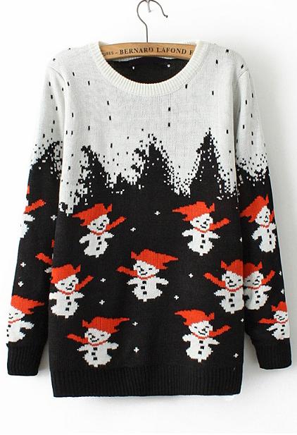 Romwe Snowman Print Loose Knit Black Sweater
