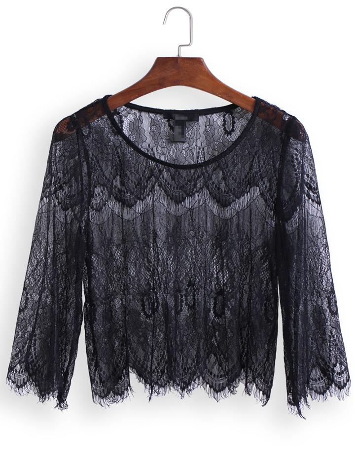 Romwe Round Neck Lace Hollow Crop Top