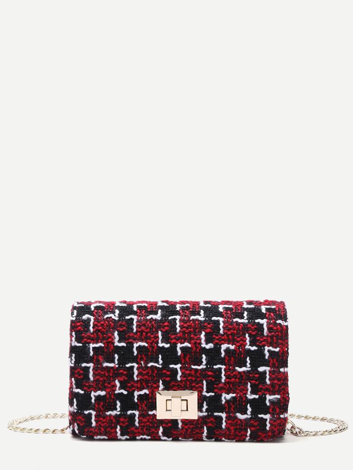 Romwe Red Plaid Twistlock Closure Boxy Chain Bag