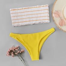 Romwe Frill Trim Shirred Bandeau With High Leg Bikini